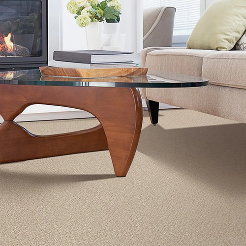 Carpeting in cozy living room with fireplace